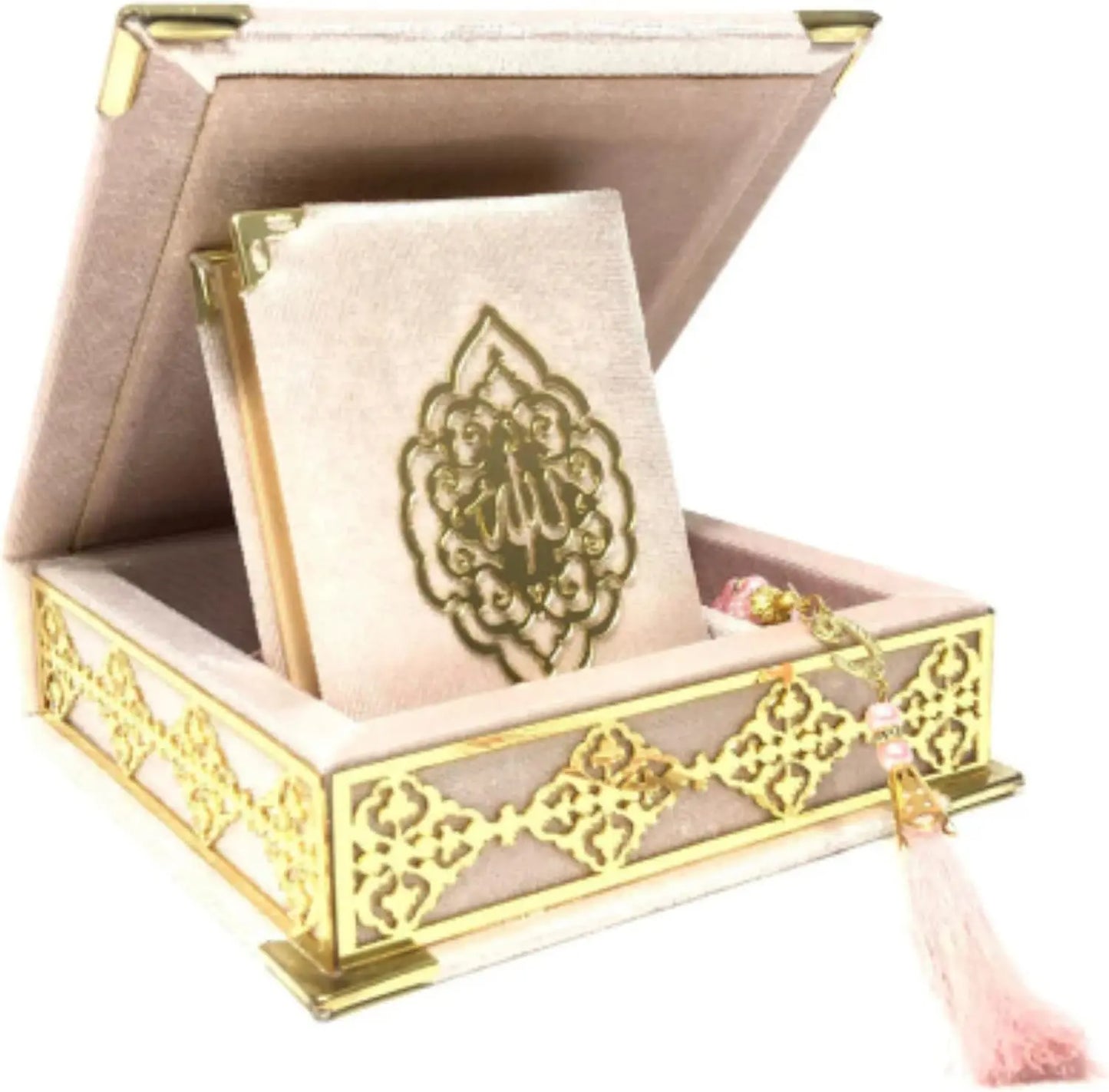 Quran Gift Box Set with Velvet Covered Box Pearl Tasbeeh for Eid Ramadan Weddings Islamic Home Decor Gift Koran Tasbih with Decorated Box Muslim Table Decoration Elegant Decorative Religious
