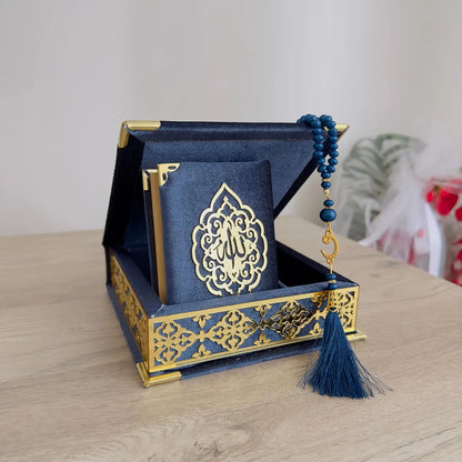 Quran Gift Box Set with Velvet Covered Box Pearl Tasbeeh for Eid Ramadan Weddings Islamic Home Decor Gift Koran Tasbih with Decorated Box Muslim Table Decoration Elegant Decorative Religious