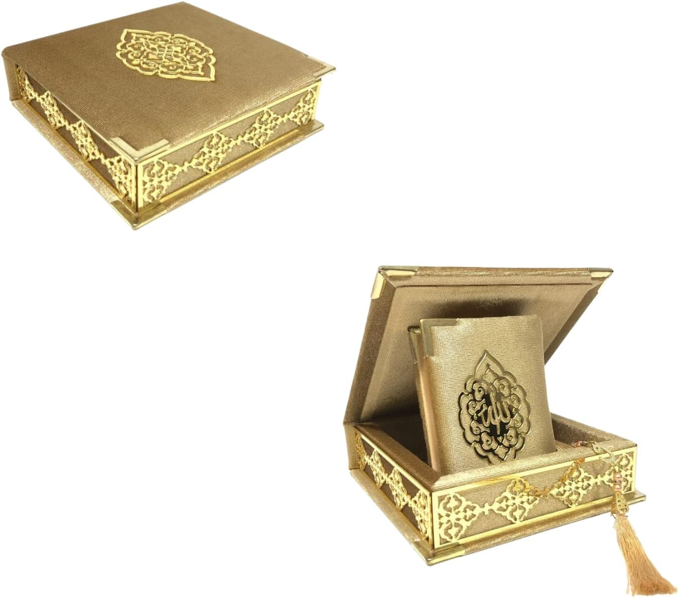 Velvet Quran Pearl Prayer Bead Set, Islamic Gifts for Eid Ramadan, Portable Box, Muslim Home Decor, Figured Gift Boxes Tasbih, Mawlid Present for Wedding, Umrah, Mosque, Praying, Special Day (Tan)