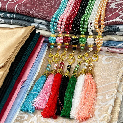 Muslim Prayer Mat Set with Prayer Beads