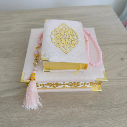Quran Gift Box Set with Velvet Covered Box Pearl Tasbeeh for Eid Ramadan Weddings Islamic Home Decor Gift Koran Tasbih with Decorated Box Muslim Table Decoration Elegant Decorative Religious