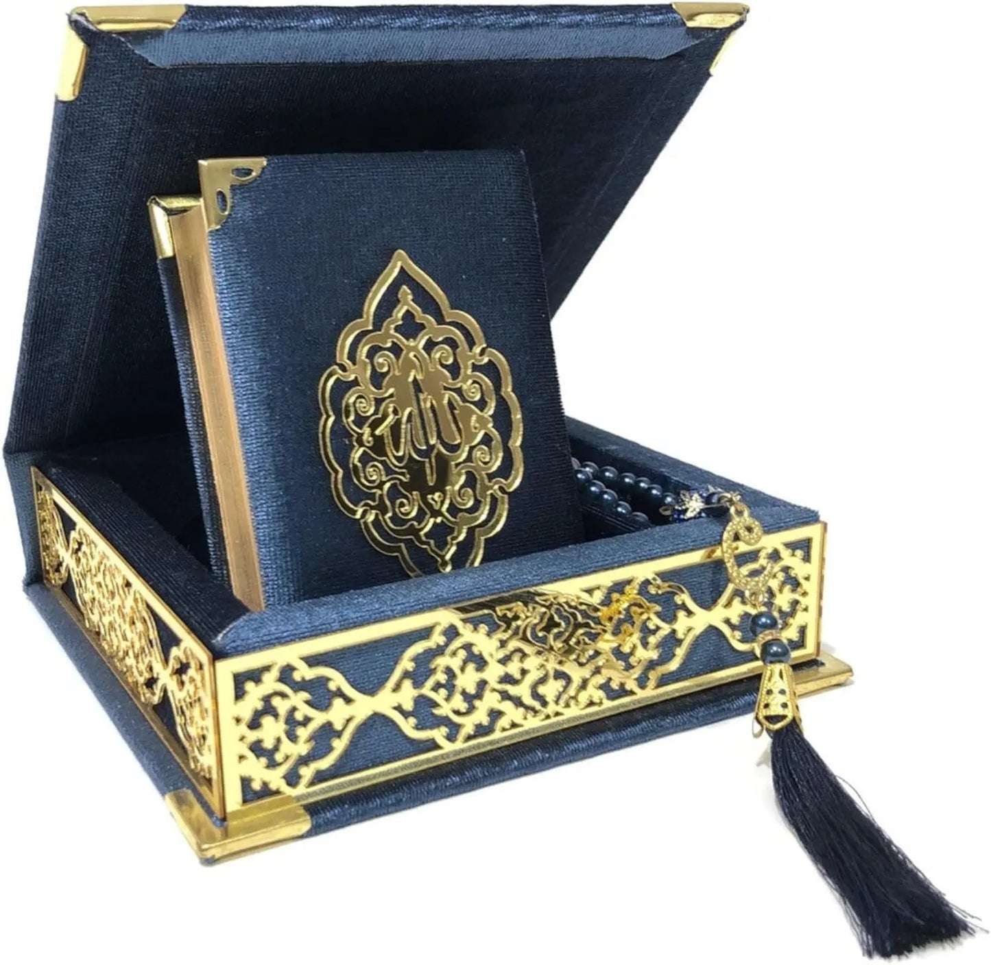 Quran Gift Box Set with Velvet Covered Box Pearl Tasbeeh for Eid Ramadan Weddings Islamic Home Decor Gift Koran Tasbih with Decorated Box Muslim Table Decoration Elegant Decorative Religious