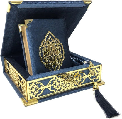 Quran Gift Box Set with Velvet Covered Box Pearl Tasbeeh for Eid Ramadan Weddings Islamic Home Decor Gift Koran Tasbih with Decorated Box Muslim Table Decoration Elegant Decorative Religious