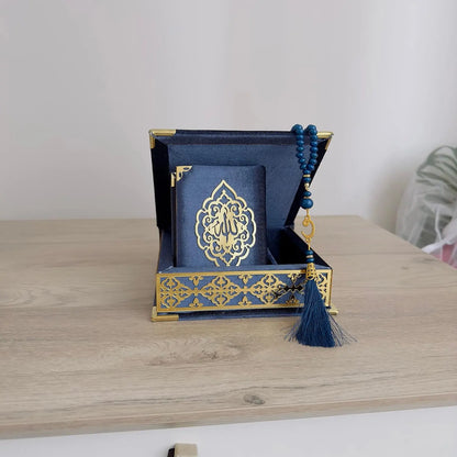 Quran Gift Box Set with Velvet Covered Box Pearl Tasbeeh for Eid Ramadan Weddings Islamic Home Decor Gift Koran Tasbih with Decorated Box Muslim Table Decoration Elegant Decorative Religious